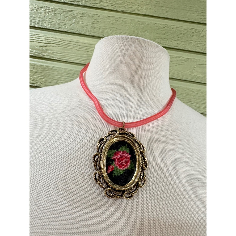 Vintage Rose Needlepoint Cameo Necklace with Mirror Back Pink Rubber Cord